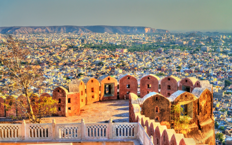 Colourful Jaipur street scene with markets and heritage buildings