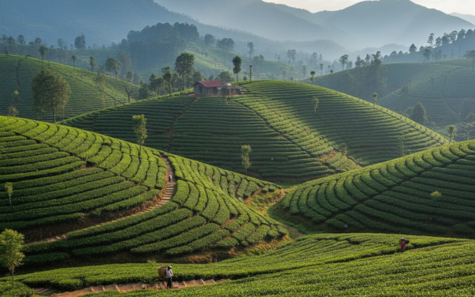 Lush green tea plantations and rolling hills in Coonoor, Nilgiri Mountains – scenic Ooty tea estate view