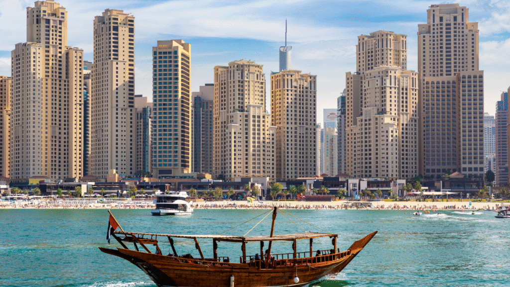 Luxury dhow cruise in Dubai Marina with city skyline views included in Dubai Travel Packages