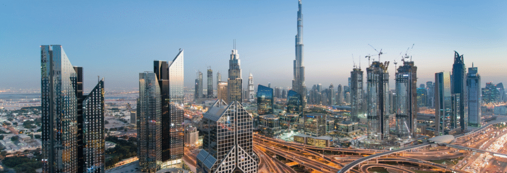 Dubai tour packages from Hyderabad skyline view with Burj Khalifa at night