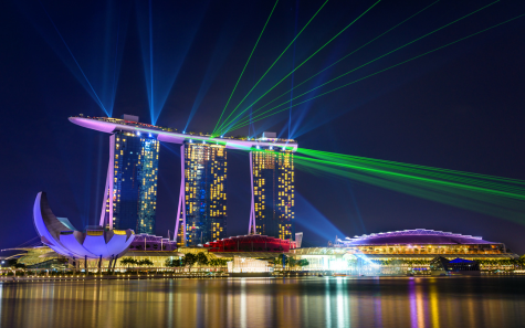 Marina Bay Sands Singapore skyline at night with waterfront view
