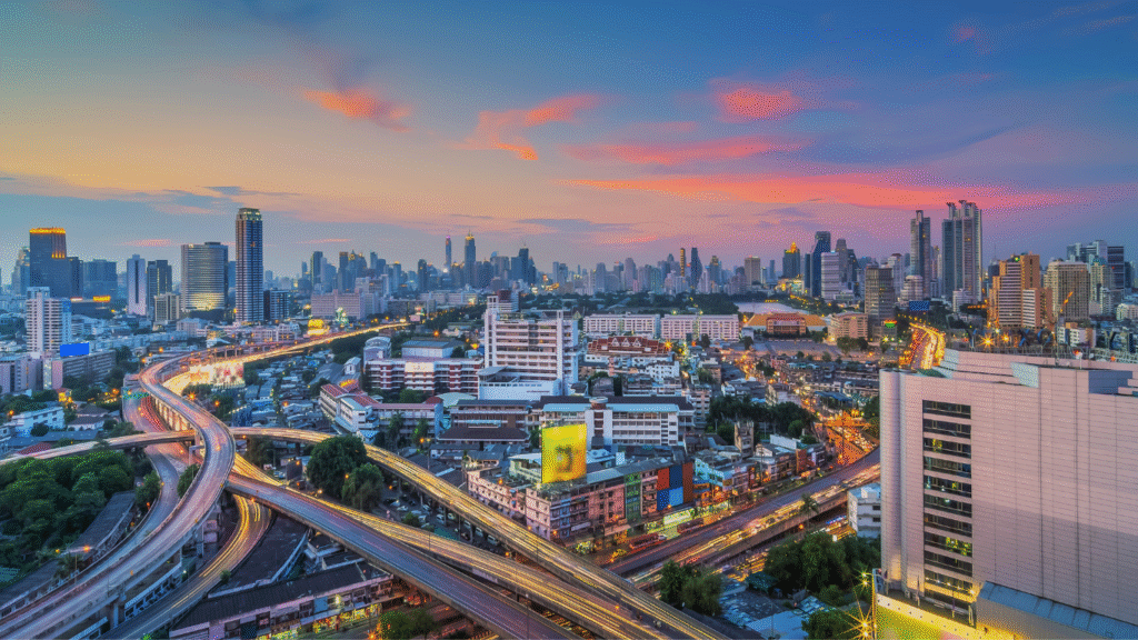 Panoramic view of Bangkok skyline with high-rise towers